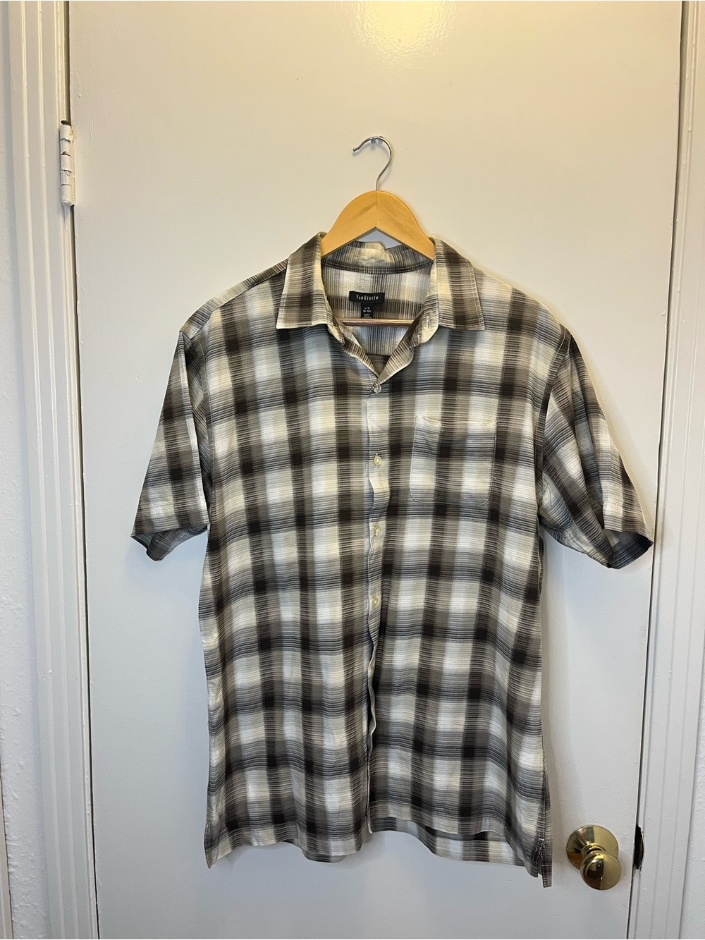 Van Heusen Casual Plaid Short Sleeve Shirt - Black, Brown, and Cream
